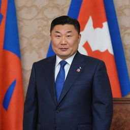 An official portrait of the current President of Mongolia, portrayed in a formal setting, with the Mongolian national flag in the background.