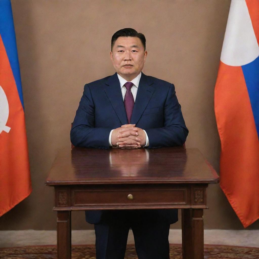 An official portrait of the current President of Mongolia, portrayed in a formal setting, with the Mongolian national flag in the background.