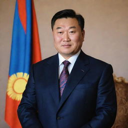 An official portrait of the current President of Mongolia, portrayed in a formal setting, with the Mongolian national flag in the background.