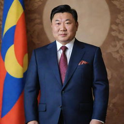 An official portrait of the current President of Mongolia, portrayed in a formal setting, with the Mongolian national flag in the background.