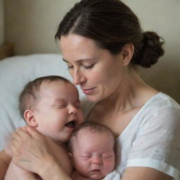 A sensitive portrayal of a 40-year-old mother nursing her baby, with emphasis on the emotional connection between them and the mother's experienced love, rather than any explicit details.