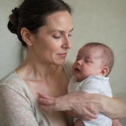 A sensitive portrayal of a 40-year-old mother nursing her baby, with emphasis on the emotional connection between them and the mother's experienced love, rather than any explicit details.