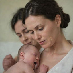 A sensitive portrayal of a 40-year-old mother nursing her baby, with emphasis on the emotional connection between them and the mother's experienced love, rather than any explicit details.