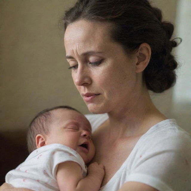 A sensitive portrayal of a 40-year-old mother nursing her baby, with emphasis on the emotional connection between them and the mother's experienced love, rather than any explicit details.