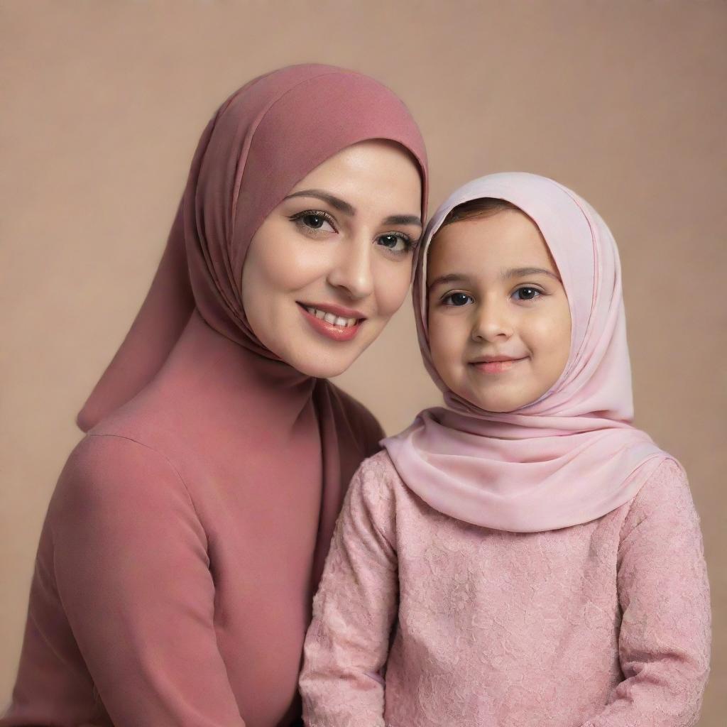 A 25 year old mother wearing a hijab and a 7 year old girl with short hair, both dressed in matching outfits, posing in a professional photography studio setting.