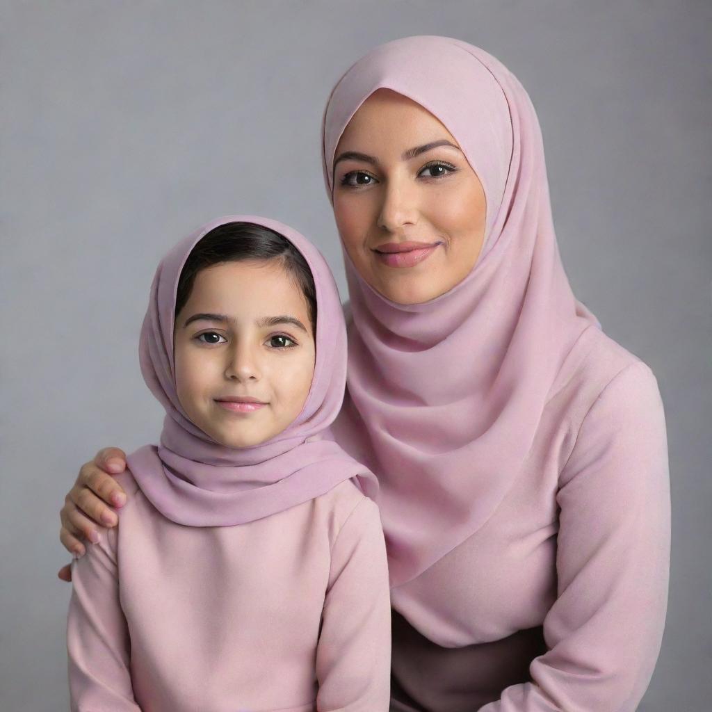 A 25 year old mother wearing a hijab and a 7 year old girl with short hair, both dressed in matching outfits, posing in a professional photography studio setting.