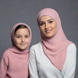 A 25 year old mother wearing a hijab and a 7 year old girl with short hair, both dressed in matching outfits, posing in a professional photography studio setting.