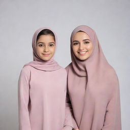 A 25 year old mother wearing a hijab and a 7 year old girl with short hair, both dressed in matching outfits, posing in a professional photography studio setting.