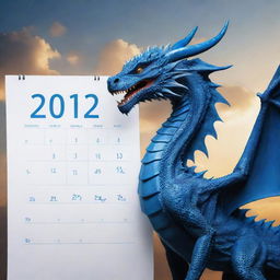 A majestic blue dragon bursting into the sky above a calendar displaying the year 2024.