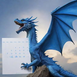 A majestic blue dragon bursting into the sky above a calendar displaying the year 2024.