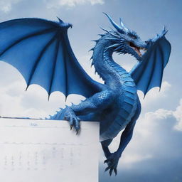 A majestic blue dragon bursting into the sky above a calendar displaying the year 2024.