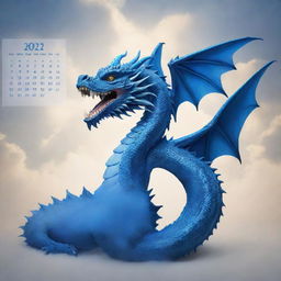 A majestic blue dragon bursting into the sky above a calendar displaying the year 2024.