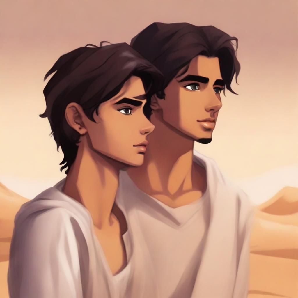 This high-quality digital art illustration for Chapter 1, 'The Sands of Destiny,' from 'Harmonizing: The Highs And Lows' portrays a young, handsome protagonist amidst the Kuwaiti wasteland