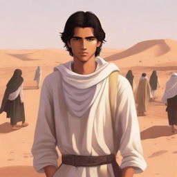 This high-quality digital art illustration for Chapter 1, 'The Sands of Destiny,' from 'Harmonizing: The Highs And Lows' portrays a young, handsome protagonist amidst the Kuwaiti wasteland