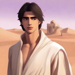 This high-quality digital art illustration for Chapter 1, 'The Sands of Destiny,' from 'Harmonizing: The Highs And Lows' portrays a young, handsome protagonist amidst the Kuwaiti wasteland