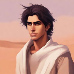 This high-quality digital art illustration for Chapter 1, 'The Sands of Destiny,' from 'Harmonizing: The Highs And Lows' portrays a young, handsome protagonist amidst the Kuwaiti wasteland