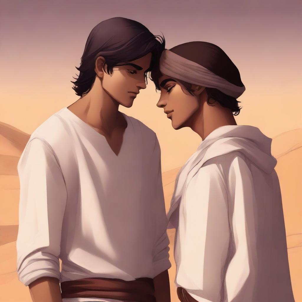 This high-quality digital art illustration for Chapter 1, 'The Sands of Destiny,' from 'Harmonizing: The Highs And Lows' portrays a young, handsome protagonist amidst the Kuwaiti wasteland