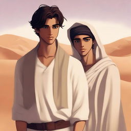 This high-quality digital art illustration for Chapter 1, 'The Sands of Destiny,' from 'Harmonizing: The Highs And Lows' portrays a young, handsome protagonist amidst the Kuwaiti wasteland