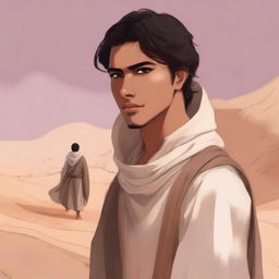 This high-quality digital art illustration for Chapter 1, 'The Sands of Destiny,' from 'Harmonizing: The Highs And Lows' portrays a young, handsome protagonist amidst the Kuwaiti wasteland
