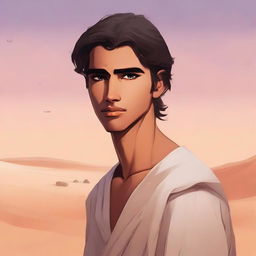 This high-quality digital art illustration for Chapter 1, 'The Sands of Destiny,' from 'Harmonizing: The Highs And Lows' portrays a young, handsome protagonist amidst the Kuwaiti wasteland