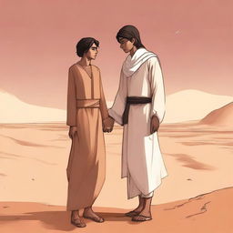 This is a contemporary digital art illustration of Chapter 1, 'The Sands of Destiny,' from 'Harmonizing: The Highs And Lows'