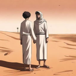 This is a contemporary digital art illustration of Chapter 1, 'The Sands of Destiny,' from 'Harmonizing: The Highs And Lows'