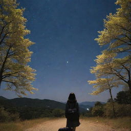 A solitary girl with her luggage, standing beneath the moonlit star-studded sky in South Korea, surrounded by trees.