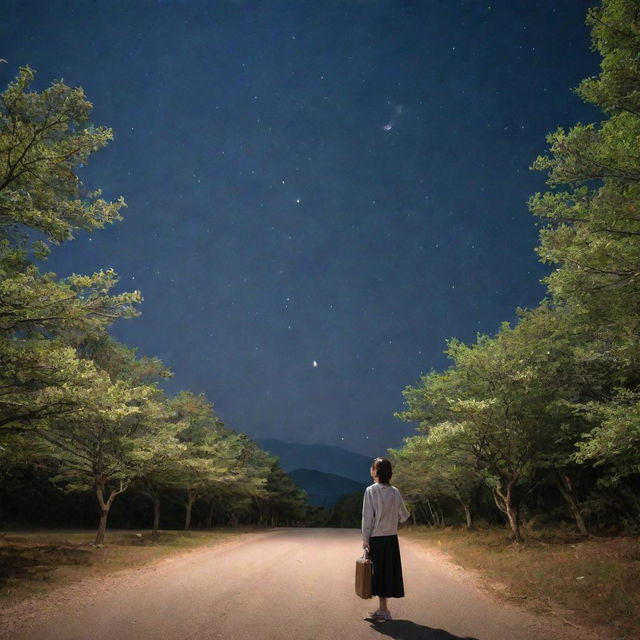 A solitary girl with her luggage, standing beneath the moonlit star-studded sky in South Korea, surrounded by trees.