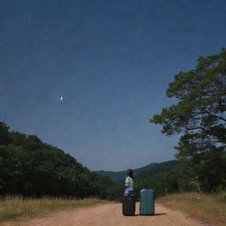 A solitary girl with her luggage, standing beneath the moonlit star-studded sky in South Korea, surrounded by trees.