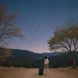 A solitary girl with her luggage, standing beneath the moonlit star-studded sky in South Korea, surrounded by trees.