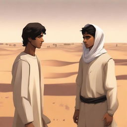 A contemporary digital art illustration for Chapter 1, 'The Sands of Destiny,' is presented