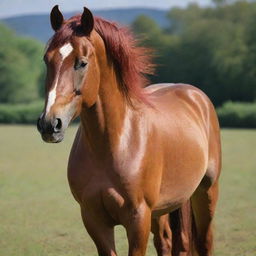 Generate an image of the most beautiful horse, with a shiny red coat, proud stance, and intense, bright eyes.