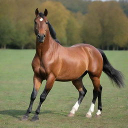 Generate an image of the most beautiful horse, with a shiny red coat, proud stance, and intense, bright eyes.