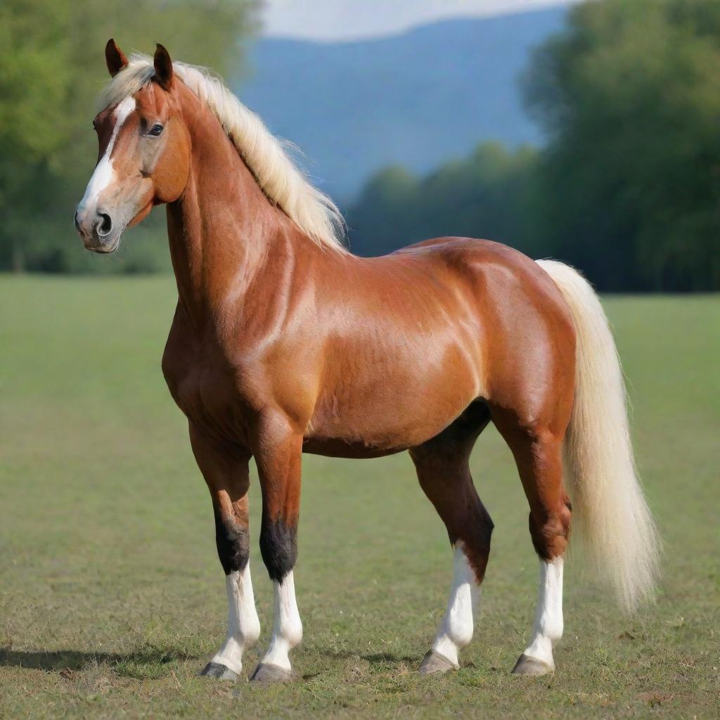 Generate an image of the most beautiful horse, with a shiny red coat, proud stance, and intense, bright eyes.