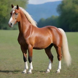 Generate an image of the most beautiful horse, with a shiny red coat, proud stance, and intense, bright eyes.