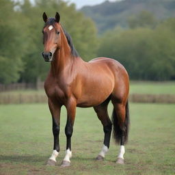 Generate an image of the most beautiful horse, with a shiny red coat, proud stance, and intense, bright eyes.