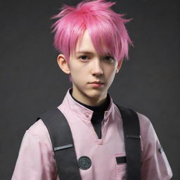 Anime boy with pink hair dressed in Half-Life 2 Combine uniform