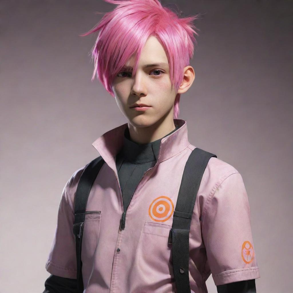 Anime boy with pink hair dressed in Half-Life 2 Combine uniform