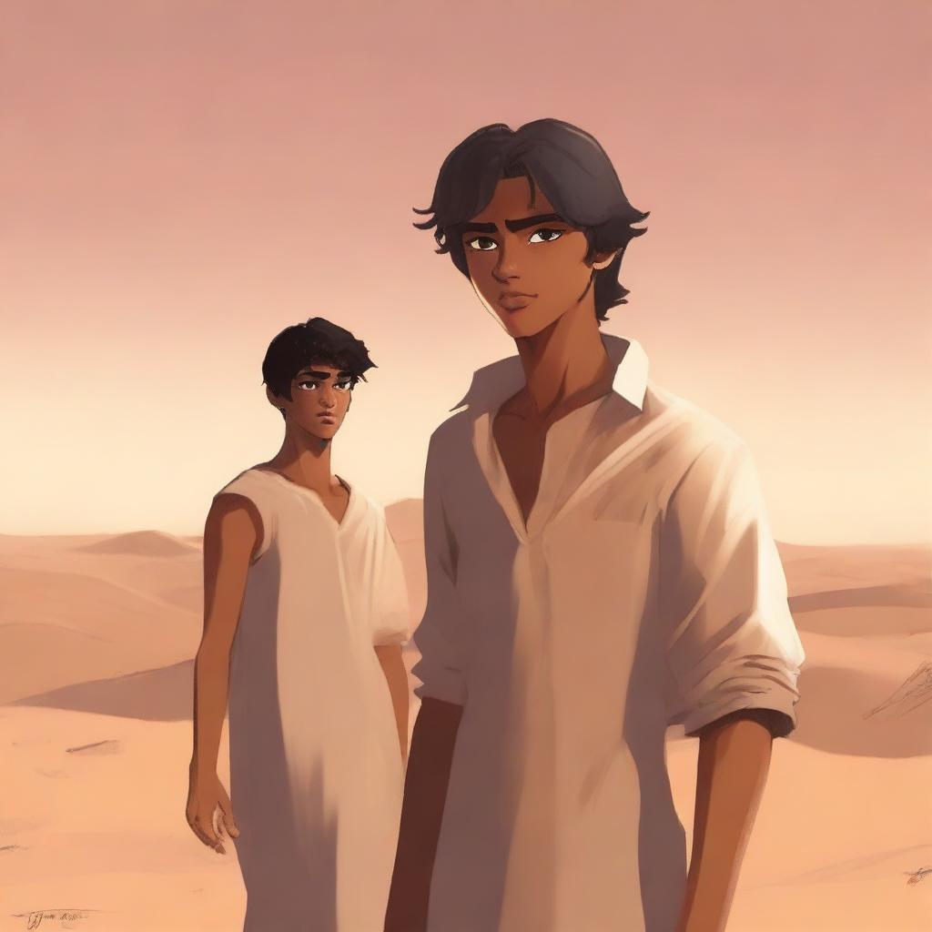 This is a high-quality digital art illustration for Chapter 1, 'The Sands of Destiny'