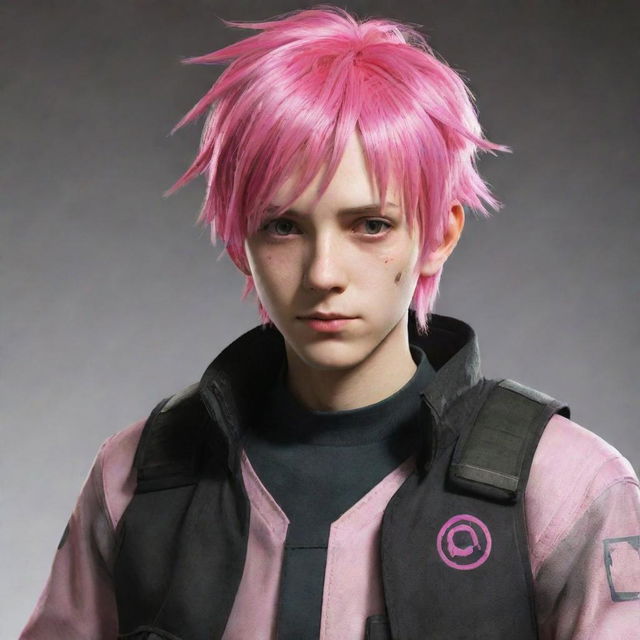 Anime boy with pink hair dressed in Half-Life 2 Combine uniform