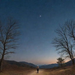 A solitary girl with her luggage, standing beneath the moonlit, star-filled sky in South Korea, panoramically framed by towering trees.