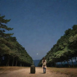 A solitary girl with her luggage, standing beneath the moonlit, star-filled sky in South Korea, panoramically framed by towering trees.