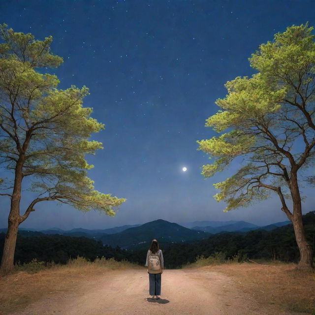 A solitary girl with her luggage, standing beneath the moonlit, star-filled sky in South Korea, panoramically framed by towering trees.