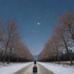 A solitary girl with her luggage, standing beneath the moonlit, star-filled sky in South Korea, panoramically framed by towering trees.