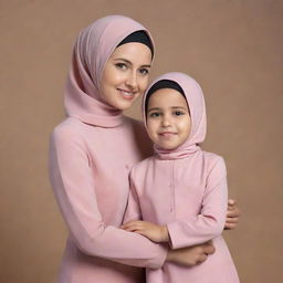 A 25-year-old mother wearing a hijab and a 7-year-old girl with short hair, both dressed in matching outfits, posed against the backdrop of a photo studio. Please create a realistic image.