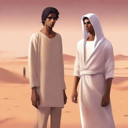 A high-quality digital art illustration for Chapter 1, 'The Sands of Destiny,' is presented with a contemporary flair