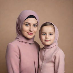 A 25-year-old mother wearing a hijab and a 7-year-old girl with short hair, both dressed in matching outfits, posed against the backdrop of a photo studio. Please create a realistic image.