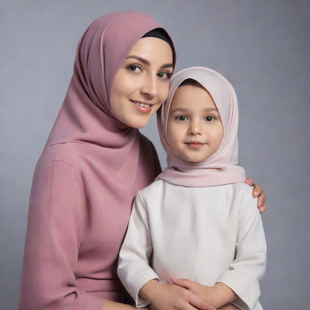 A 25-year-old mother wearing a hijab and a 7-year-old girl with short hair, both dressed in matching outfits, posed against the backdrop of a photo studio. Please create a realistic image.