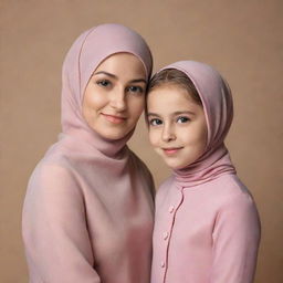 A 25-year-old mother wearing a hijab and a 7-year-old girl with short hair, both dressed in matching outfits, posed against the backdrop of a photo studio. Please create a realistic image.