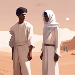 This is a high-quality digital art illustration for Chapter 1, 'The Sands of Destiny'